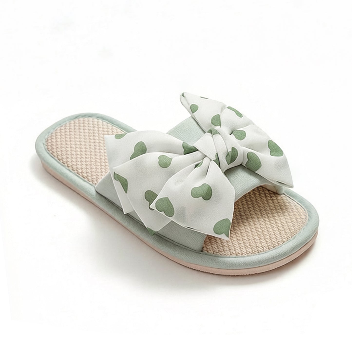 Indoor Slide Slippers with Heart Print Bow Detail