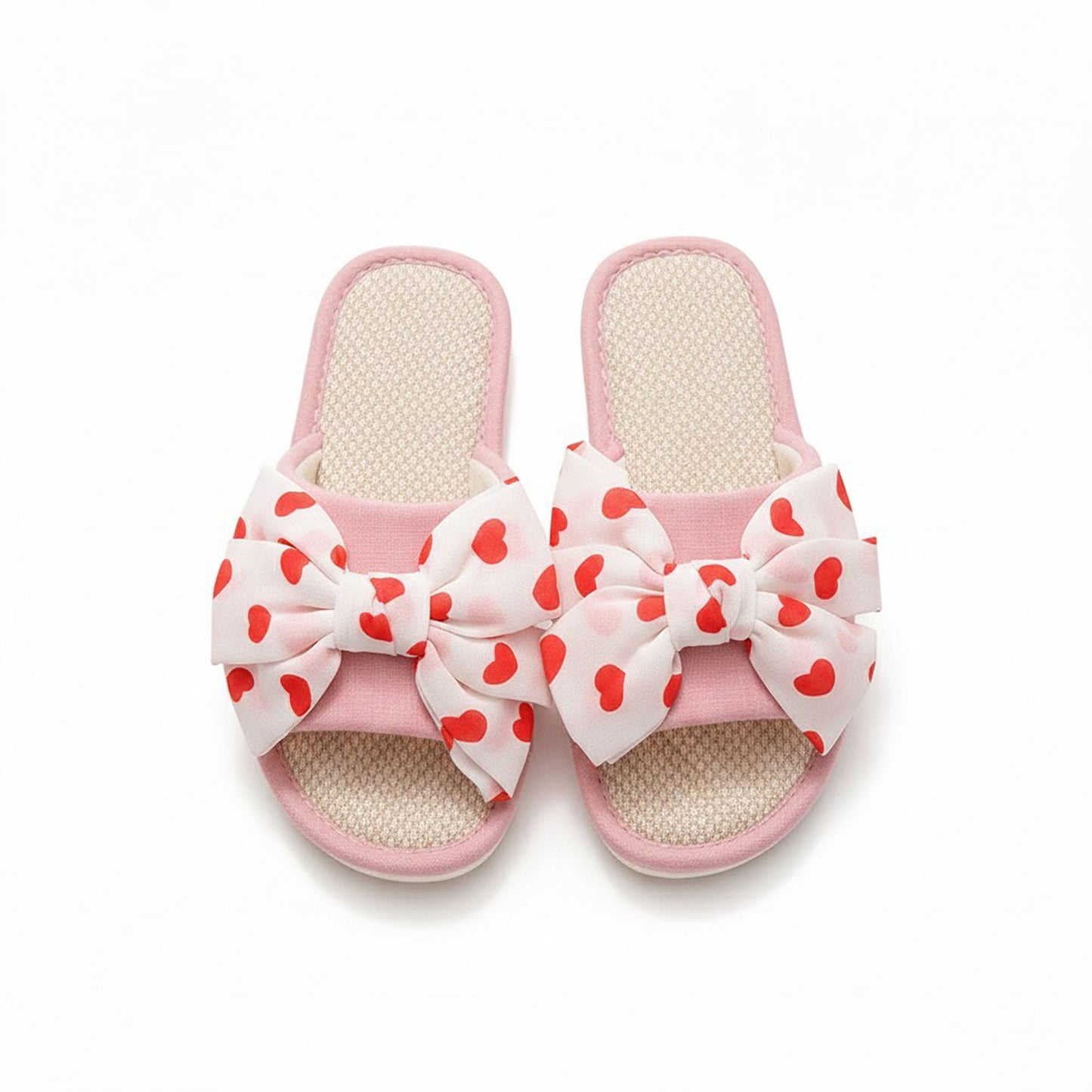 Indoor Slide Slippers with Heart Print Bow Detail