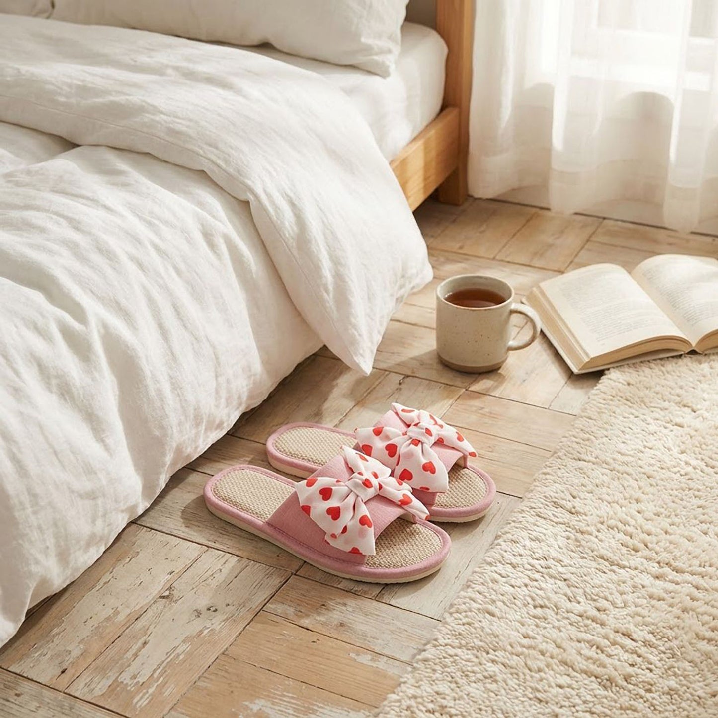 Indoor Slide Slippers with Heart Print Bow Detail