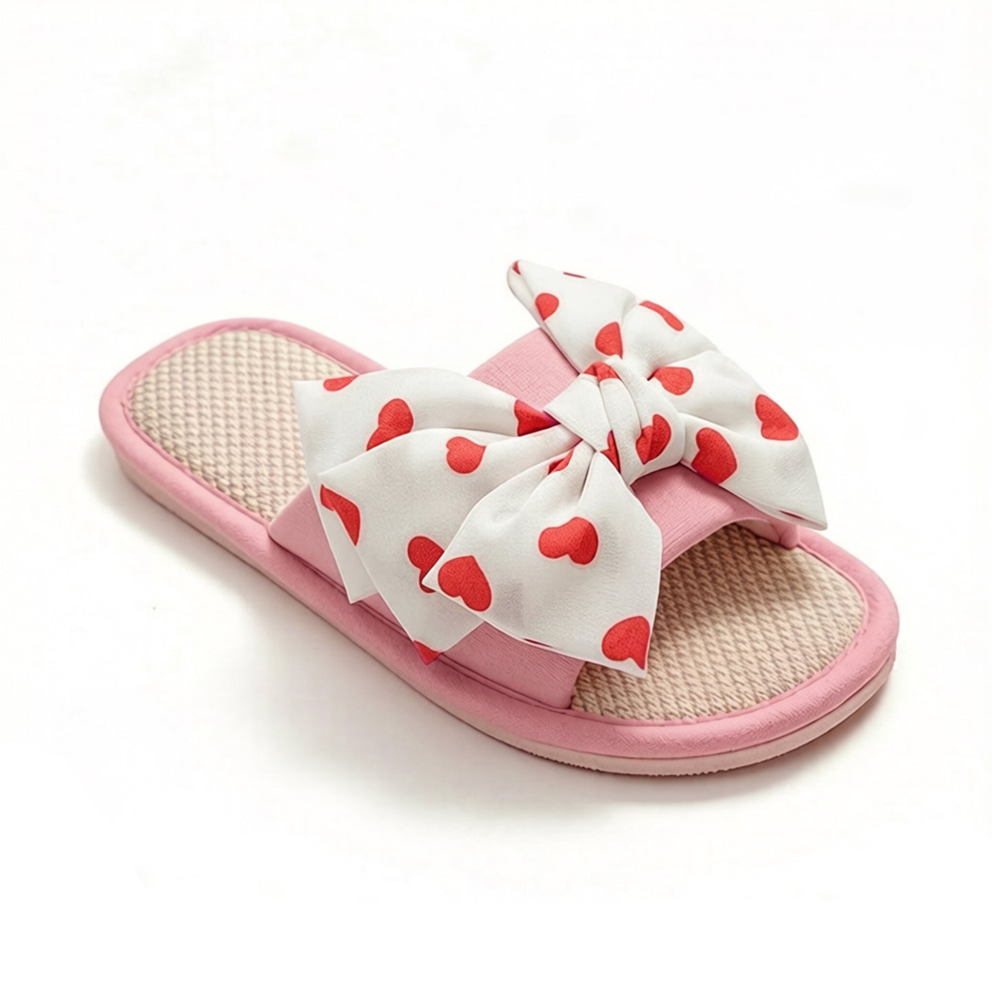 Indoor Slide Slippers with Heart Print Bow Detail