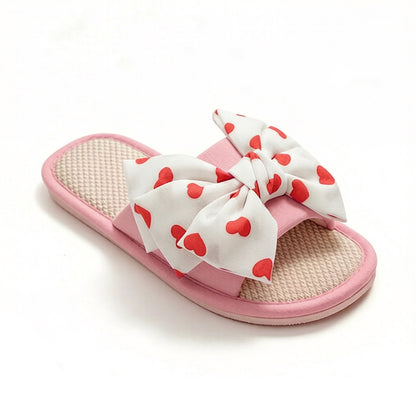 Indoor Slide Slippers with Heart Print Bow Detail