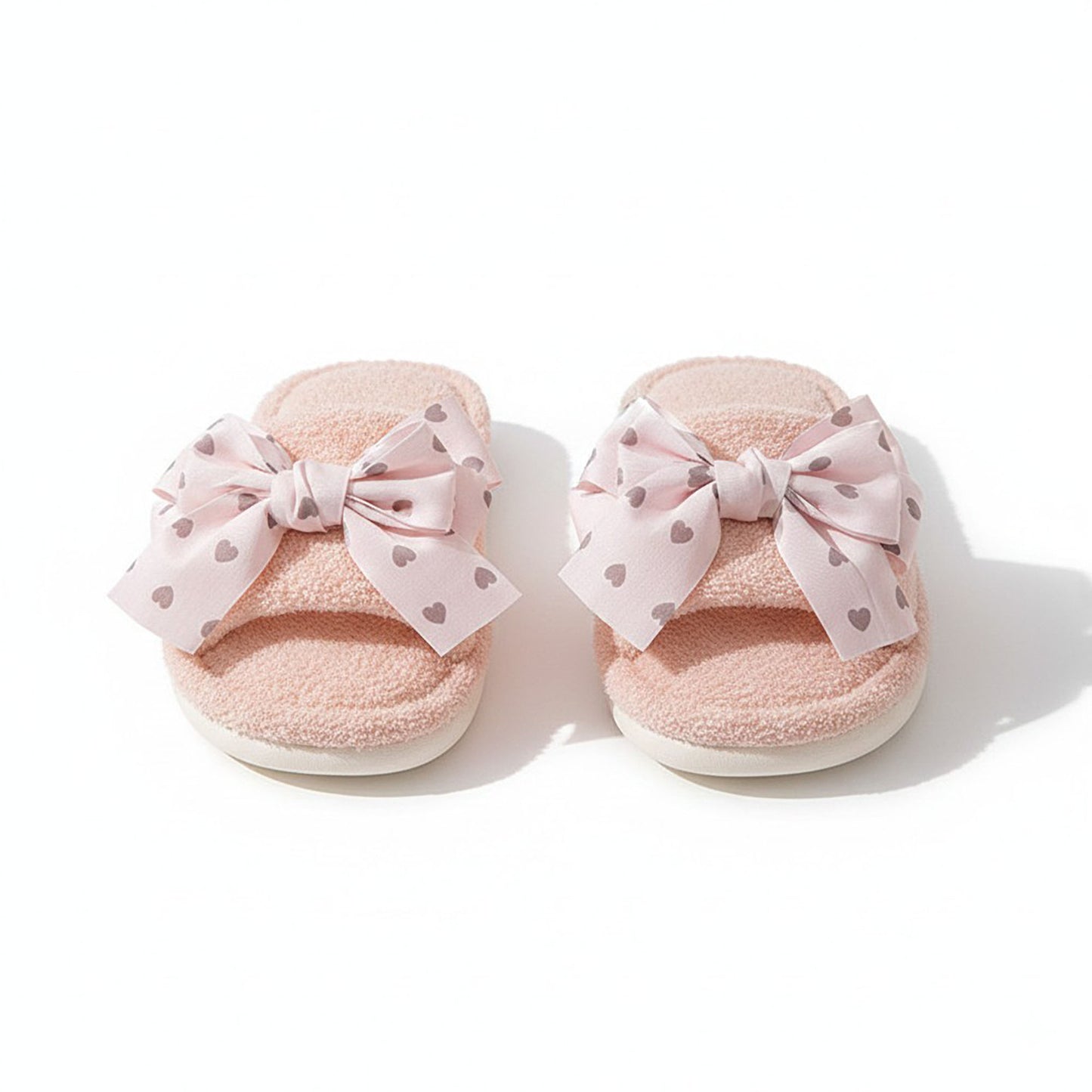 Plush Indoor Slide Slippers with Heart Bow Detail