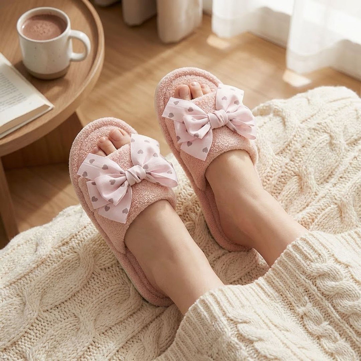 Plush Indoor Slide Slippers with Heart Bow Detail