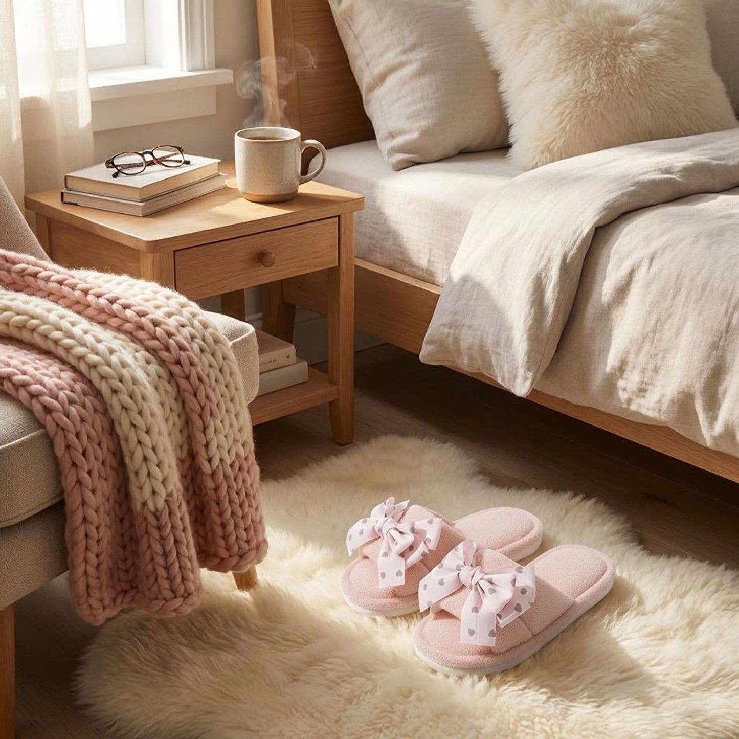 Plush Indoor Slide Slippers with Heart Bow Detail