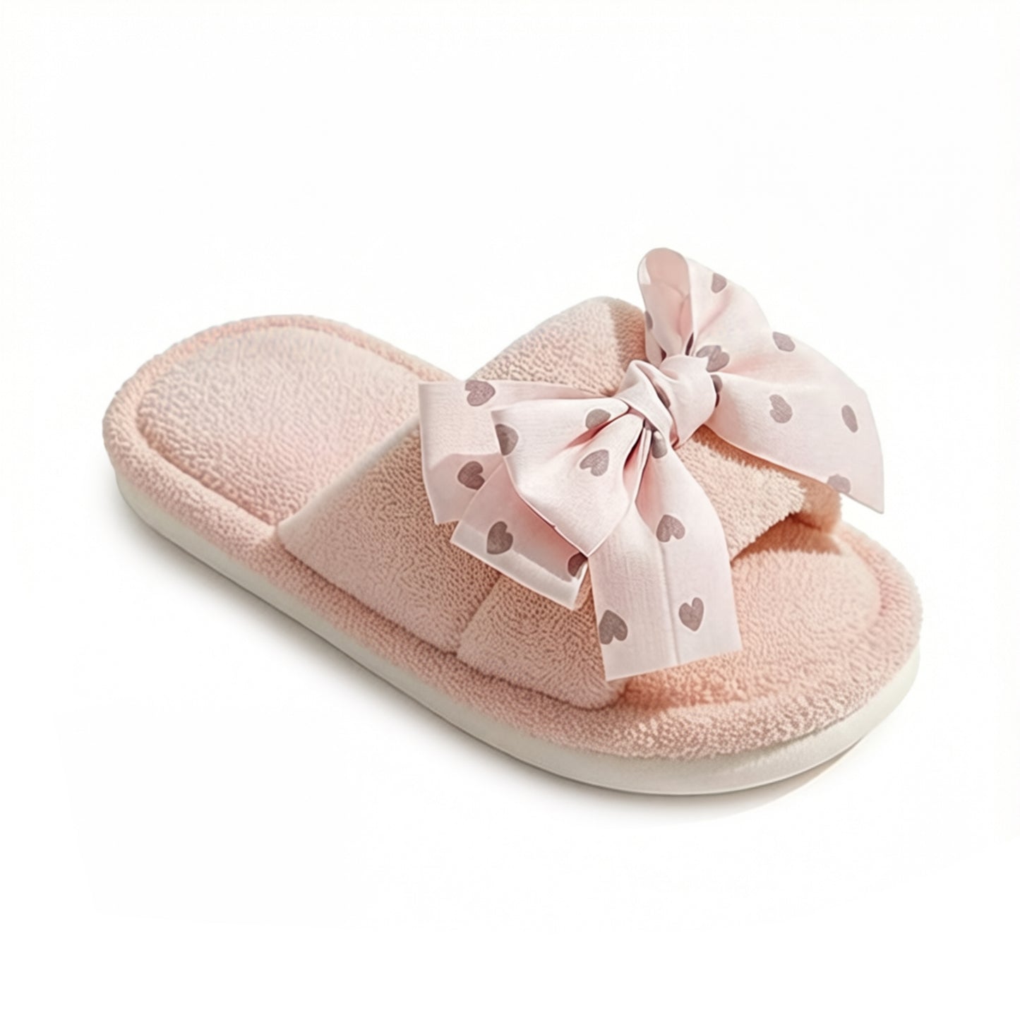 Plush Indoor Slide Slippers with Heart Bow Detail