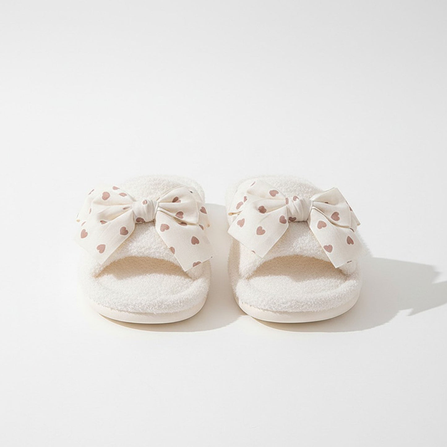 Plush Indoor Slide Slippers with Heart Bow Detail