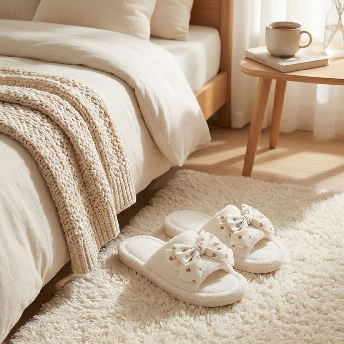 Plush Indoor Slide Slippers with Heart Bow Detail