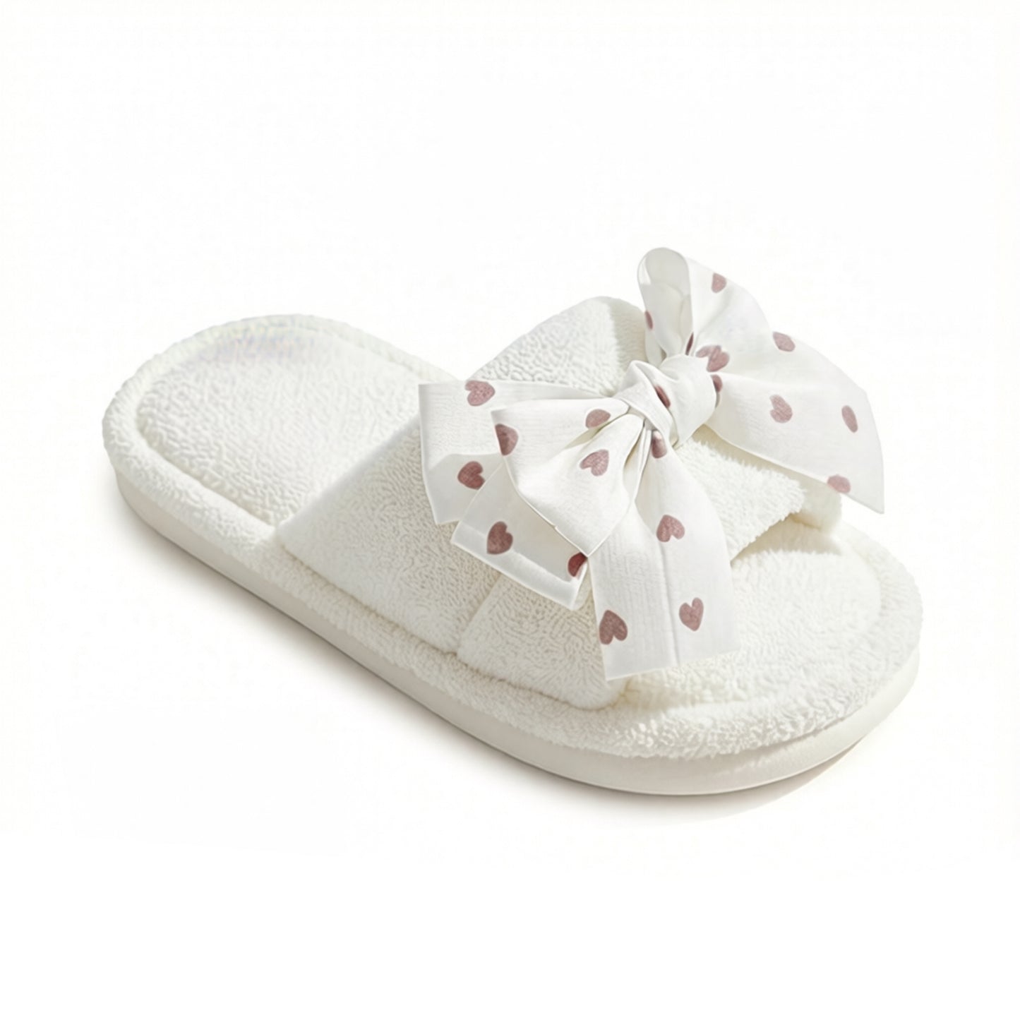 Plush Indoor Slide Slippers with Heart Bow Detail