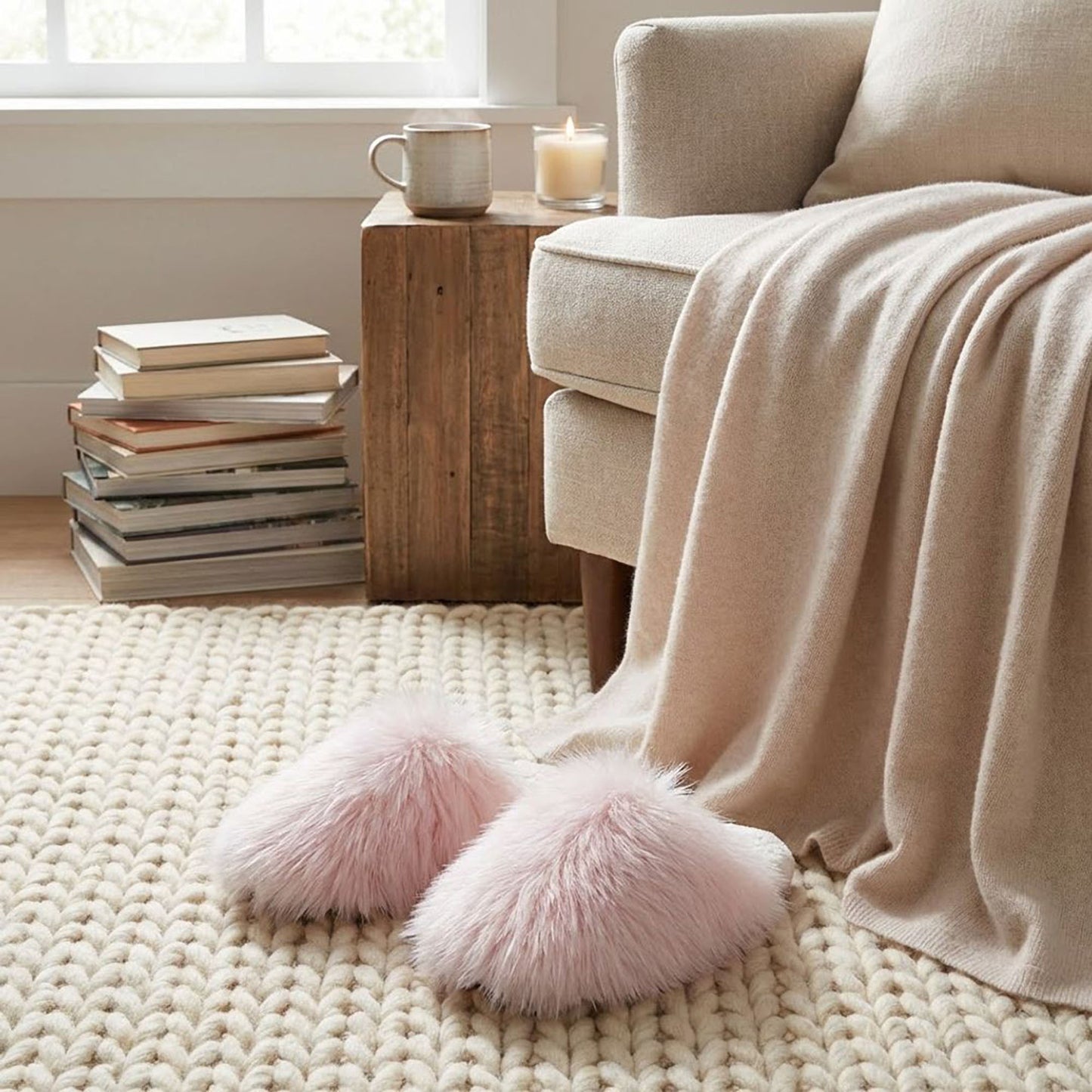 Faux Fur Indoor Slide Slippers with Plush Strap