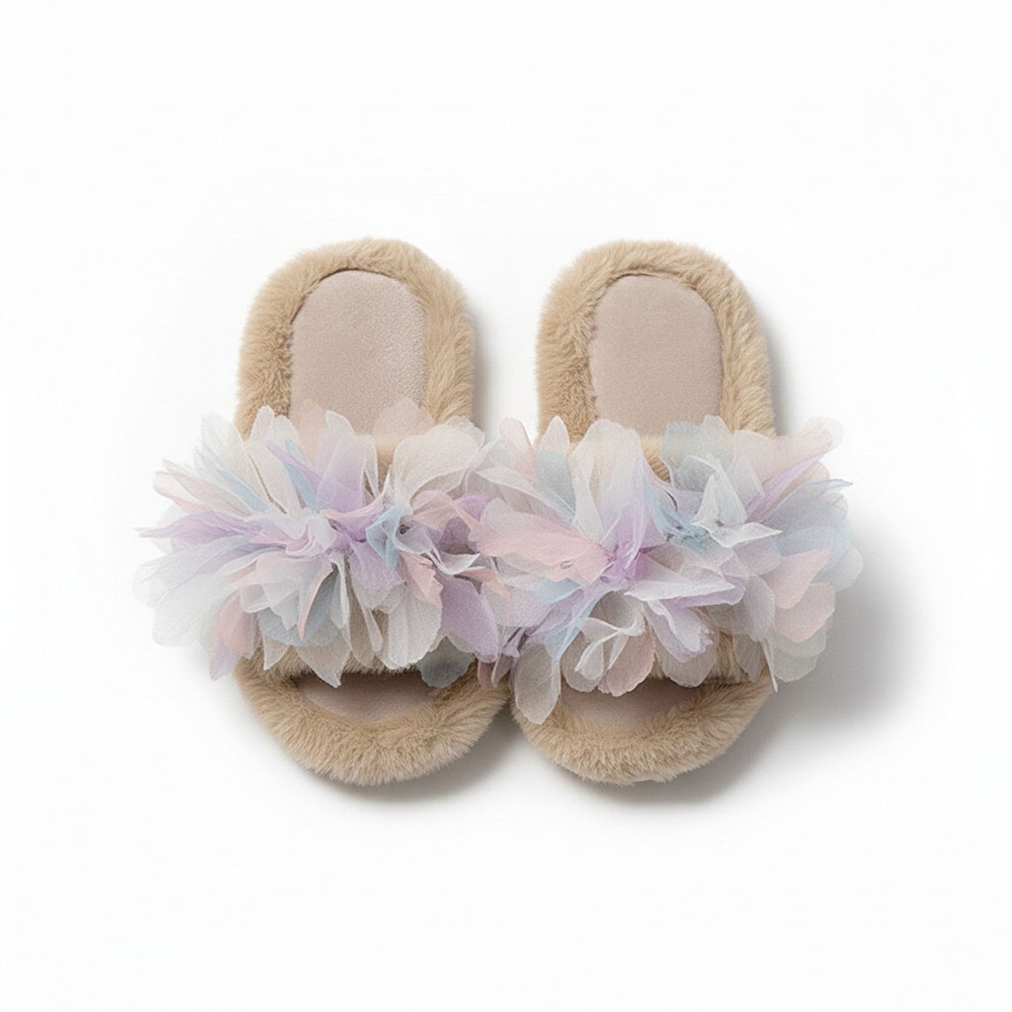 Plush Indoor Slide Slippers with Floral Mesh Detail
