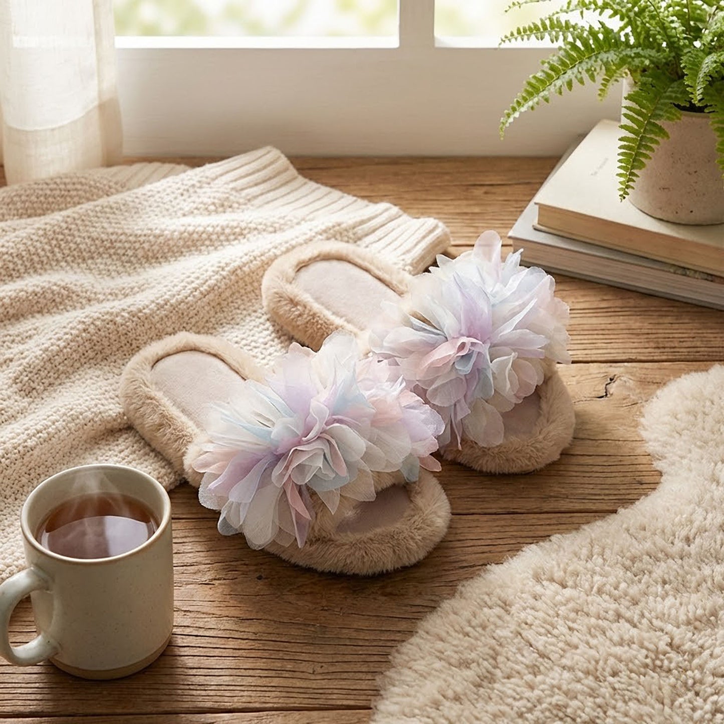 Plush Indoor Slide Slippers with Floral Mesh Detail