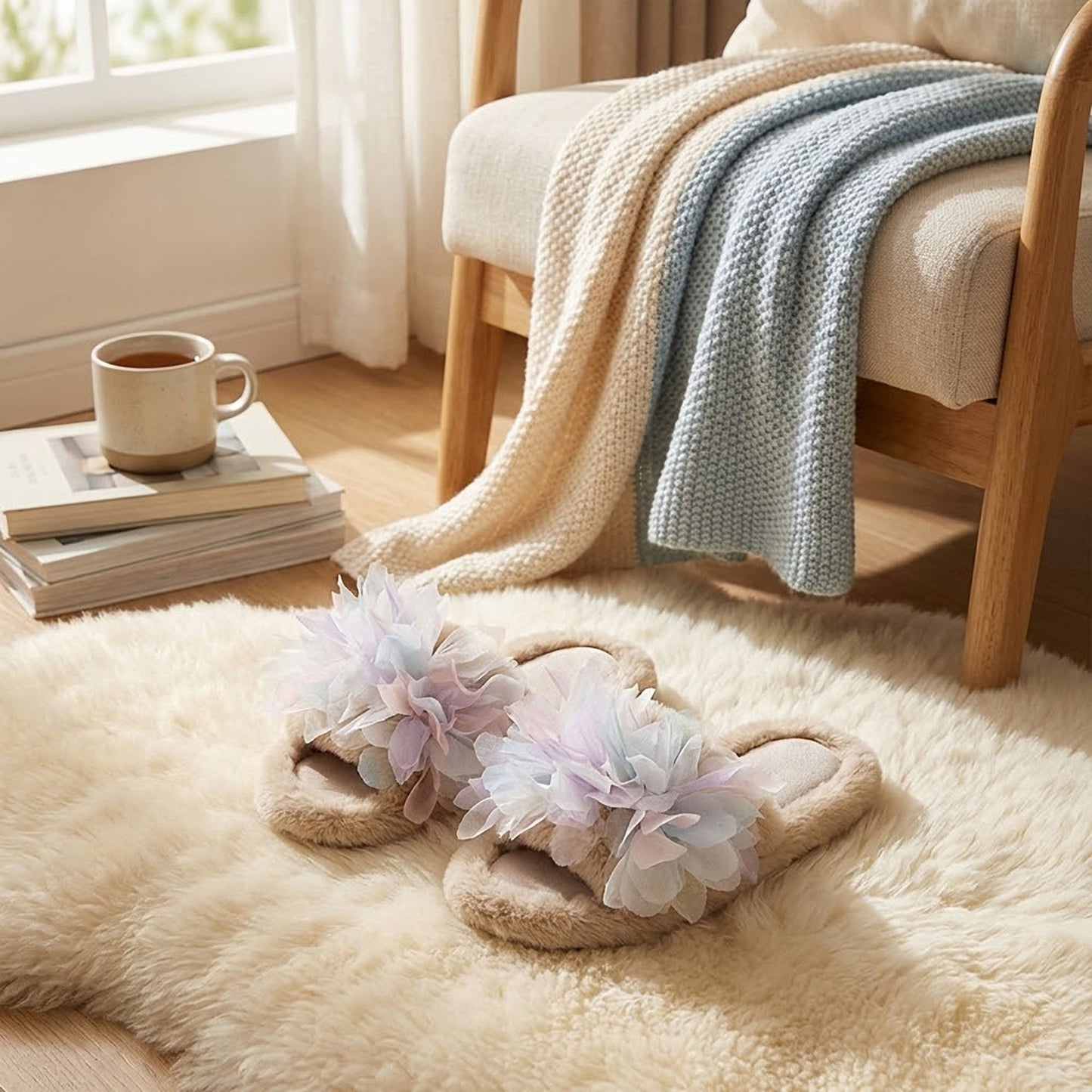 Plush Indoor Slide Slippers with Floral Mesh Detail