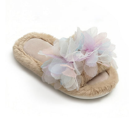 Plush Indoor Slide Slippers with Floral Mesh Detail