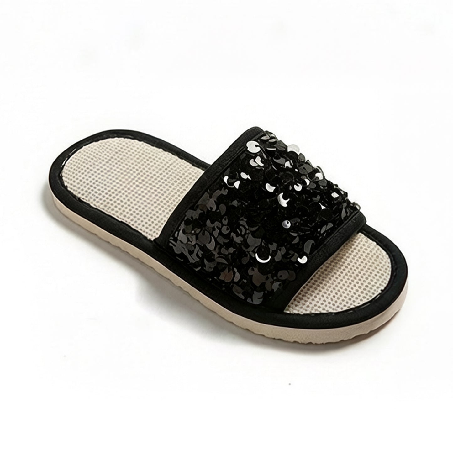 Sequin Indoor Slide Slippers with Cushioned Sole and Breathable Woven Footbed