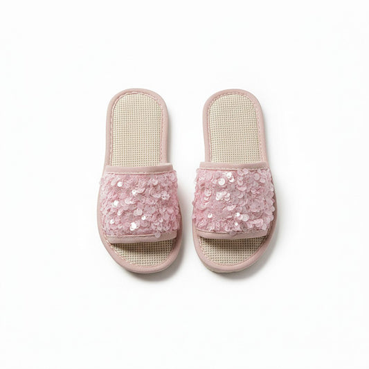 Sequin Indoor Slide Slippers with Cushioned Sole and Breathable Woven Footbed