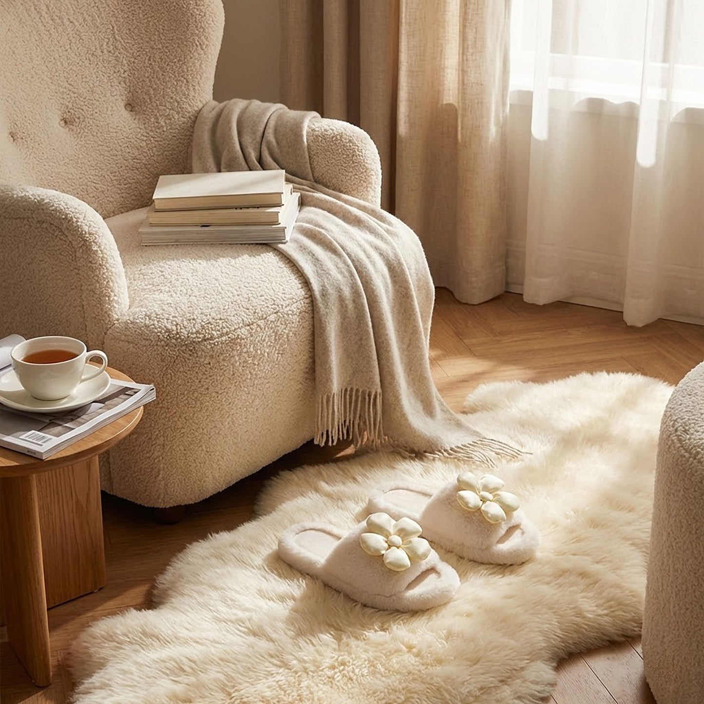 Plush Indoor Slide Slippers with 3D Floral Detail and Cushioned Sole Design