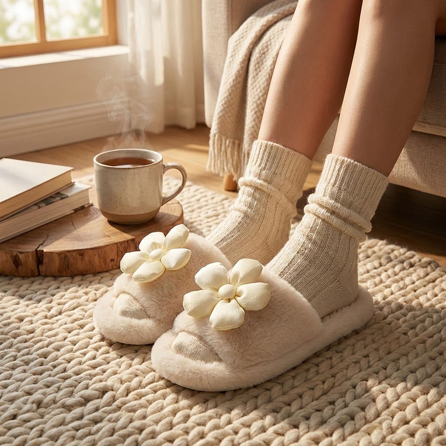 Plush Indoor Slide Slippers with 3D Floral Detail and Cushioned Sole Design