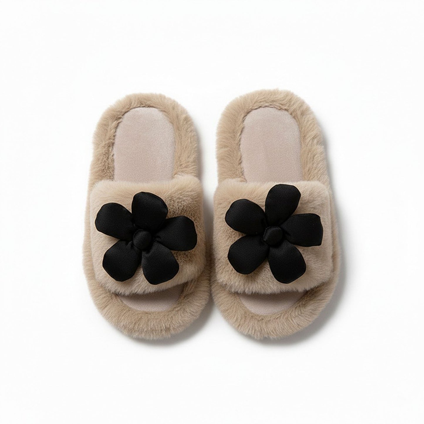 Plush Indoor Slide Slippers with 3D Floral Detail and Cushioned Sole Design