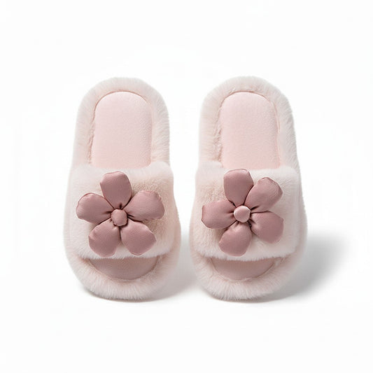 Plush Indoor Slide Slippers with 3D Floral Detail and Cushioned Sole Design