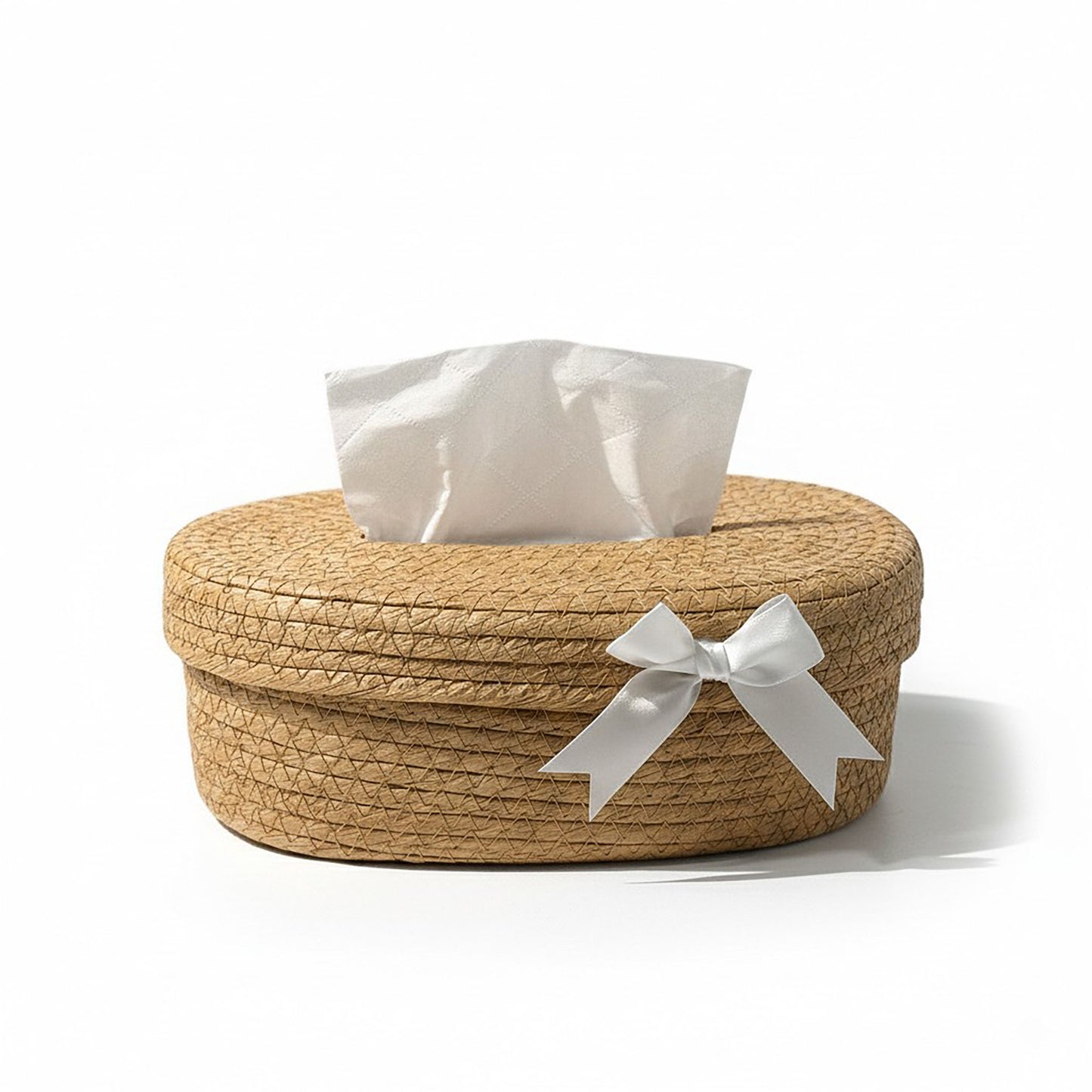 Oval Storage Basket with Lid Tissue Opening Decorative Rope Design and Bow Accent