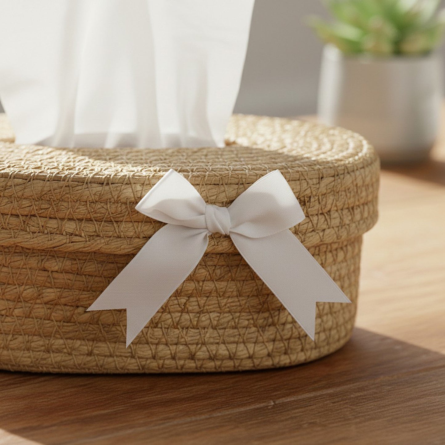 Oval Storage Basket with Lid Tissue Opening Decorative Rope Design and Bow Accent