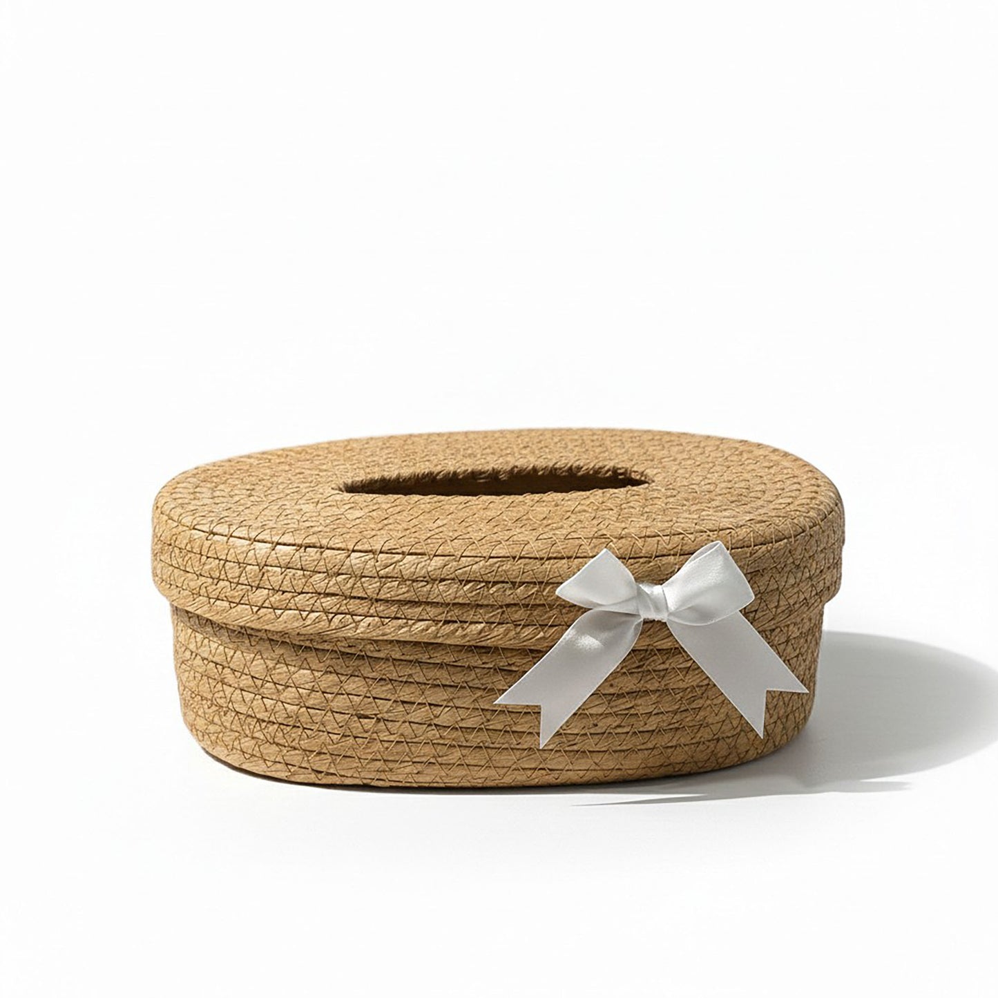Oval Storage Basket with Lid Tissue Opening Decorative Rope Design and Bow Accent