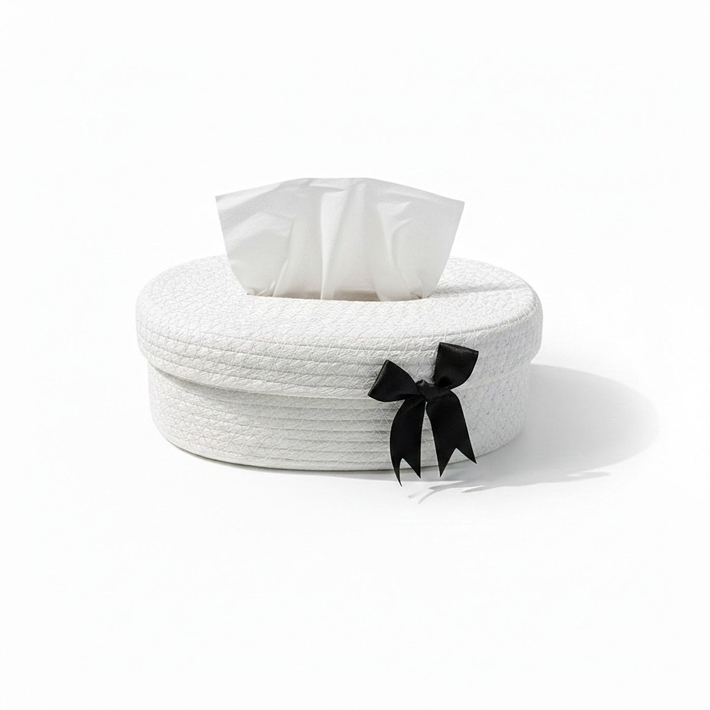 Oval Storage Basket with Lid Tissue Opening Decorative Rope Design and Bow Accent