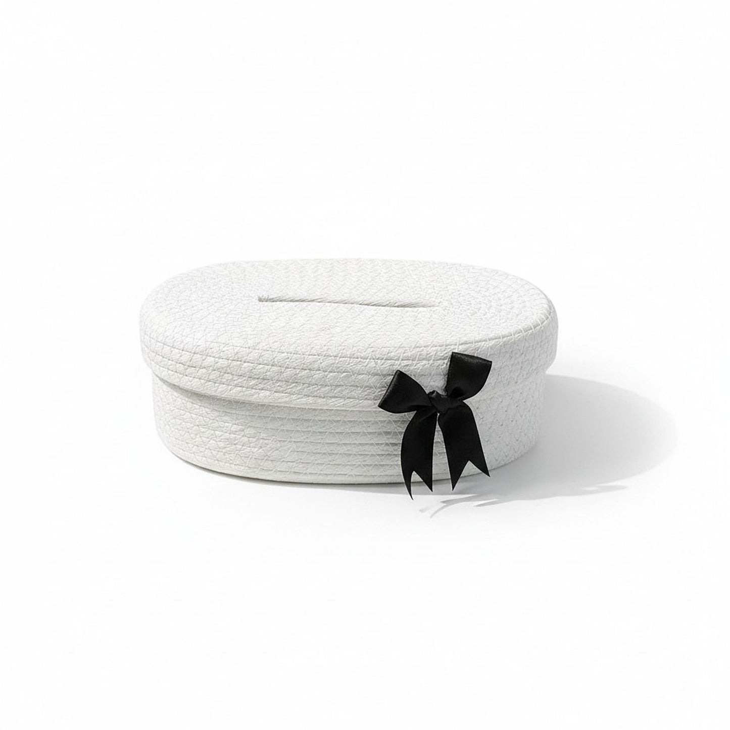 Oval Storage Basket with Lid Tissue Opening Decorative Rope Design and Bow Accent