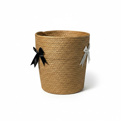 Round Storage Basket Decorative Rope Organizer with Bow Accent and Open Top Design