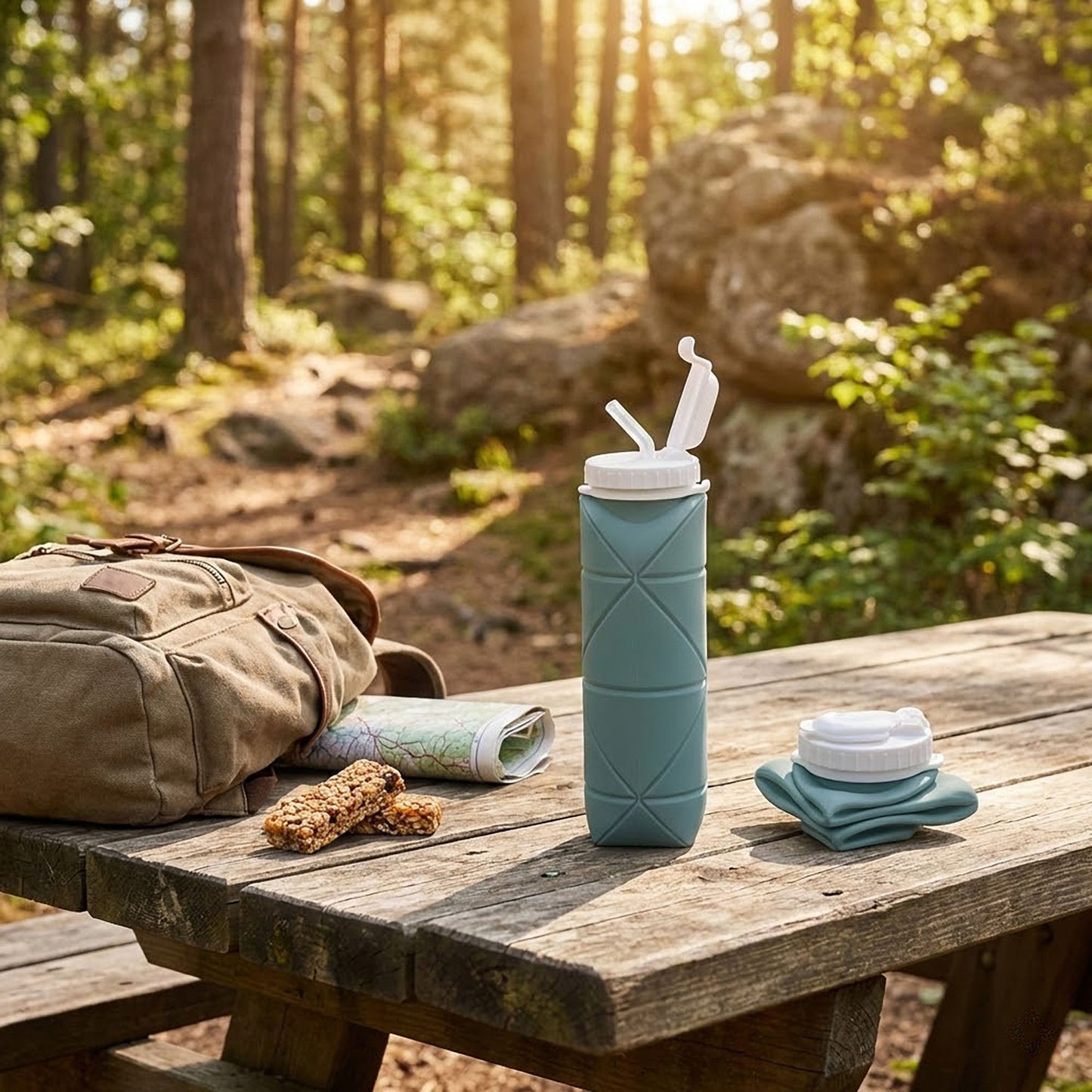 Collapsible Silicone Water Bottle with Straw Leak Resistant Folding Design and Compact Travel Size