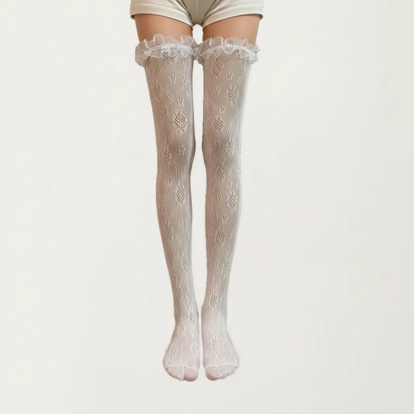 Sheer Lace Thigh High Stockings with Ruffle Trim, Stretch Floral Knit Over the Knee Hosiery