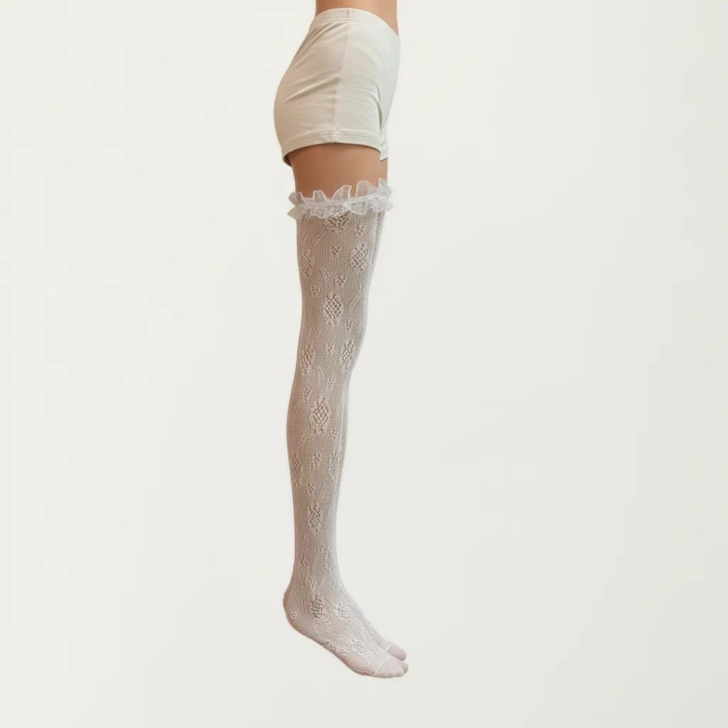 Sheer Lace Thigh High Stockings with Ruffle Trim, Stretch Floral Knit Over the Knee Hosiery