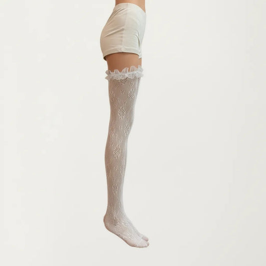 Sheer Lace Thigh High Stockings with Ruffle Trim, Stretch Floral Knit Over the Knee Hosiery