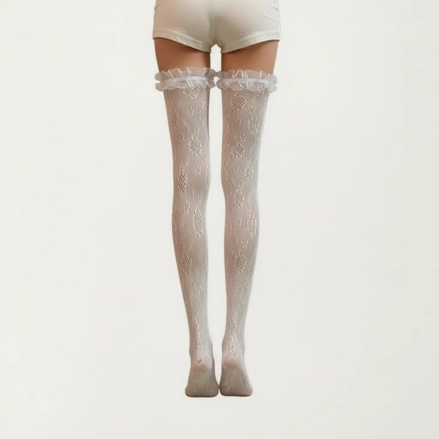 Sheer Lace Thigh High Stockings with Ruffle Trim, Stretch Floral Knit Over the Knee Hosiery