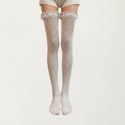 Sheer Lace Thigh High Stockings with Ruffle Trim, Stretch Floral Knit Over the Knee Hosiery
