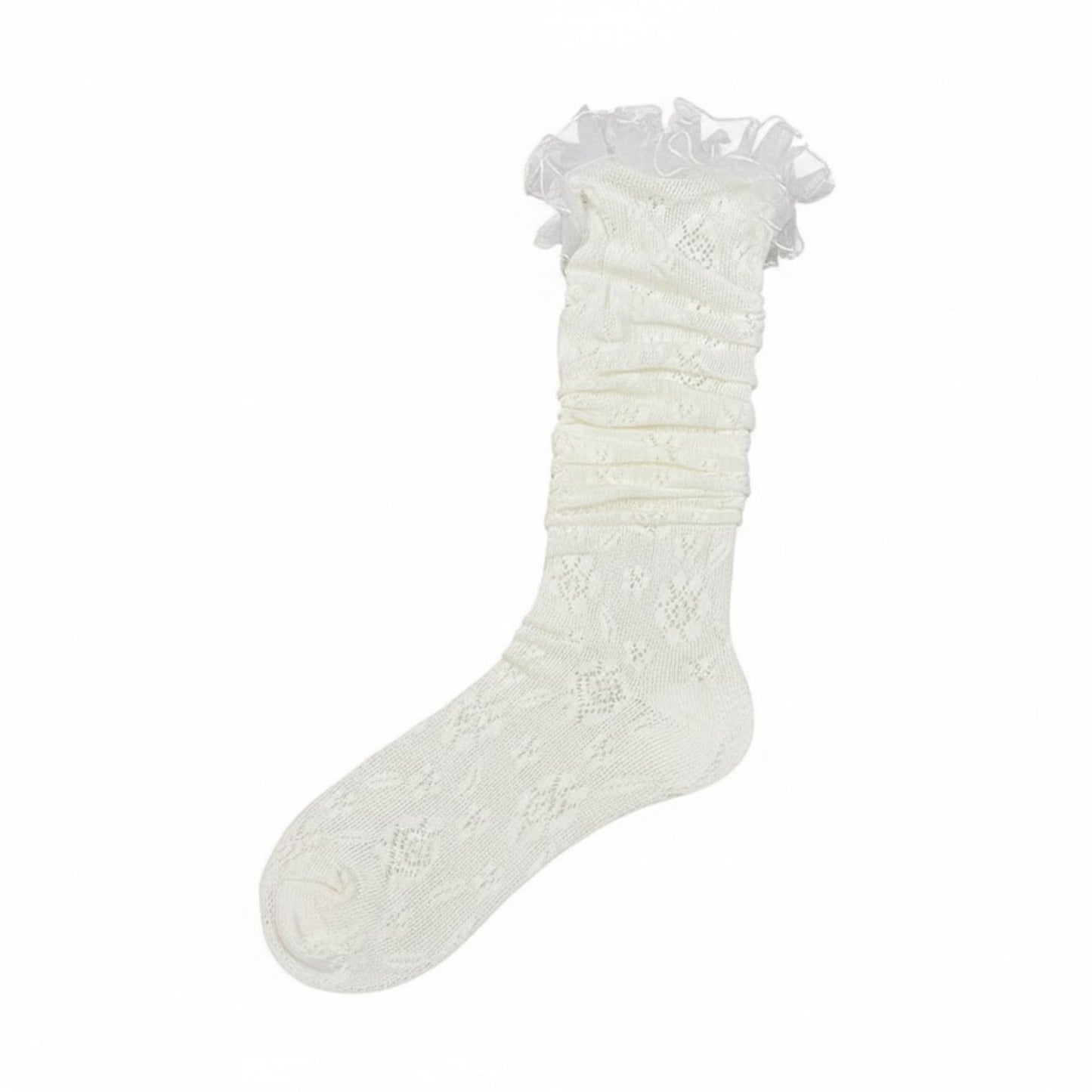 Sheer Lace Thigh High Stockings with Ruffle Trim, Stretch Floral Knit Over the Knee Hosiery