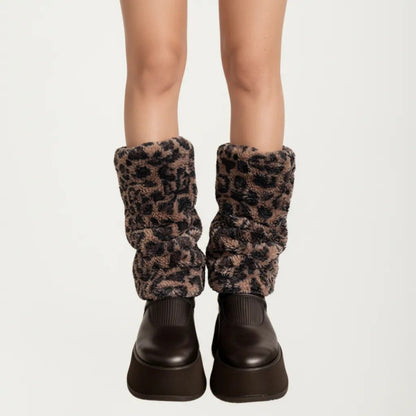 Leopard Print Plush Leg Warmers, Soft Faux Fur Slouchy Boot Covers for Cozy Layered Styling