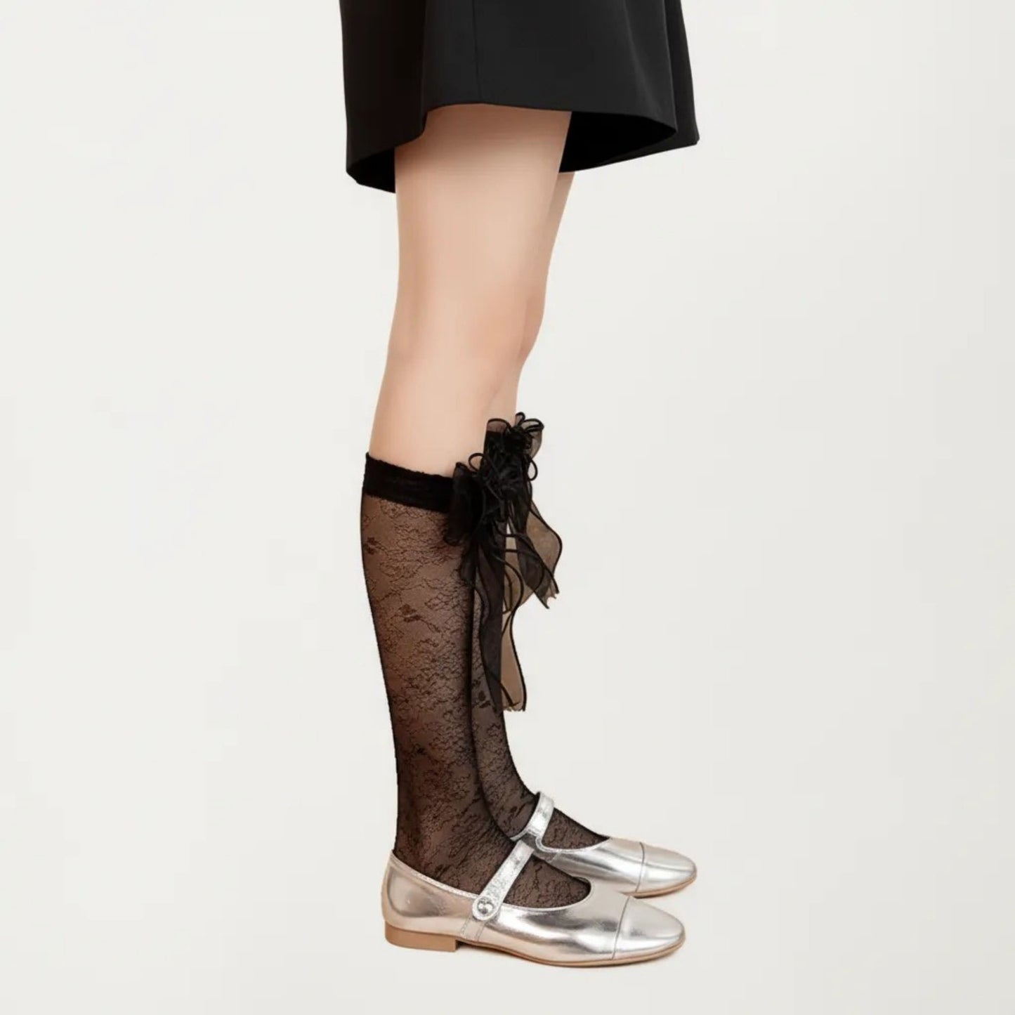 Lace Knee High Bow Socks with Sheer Floral Pattern and Ribbon Detail Tall Dress Hosiery