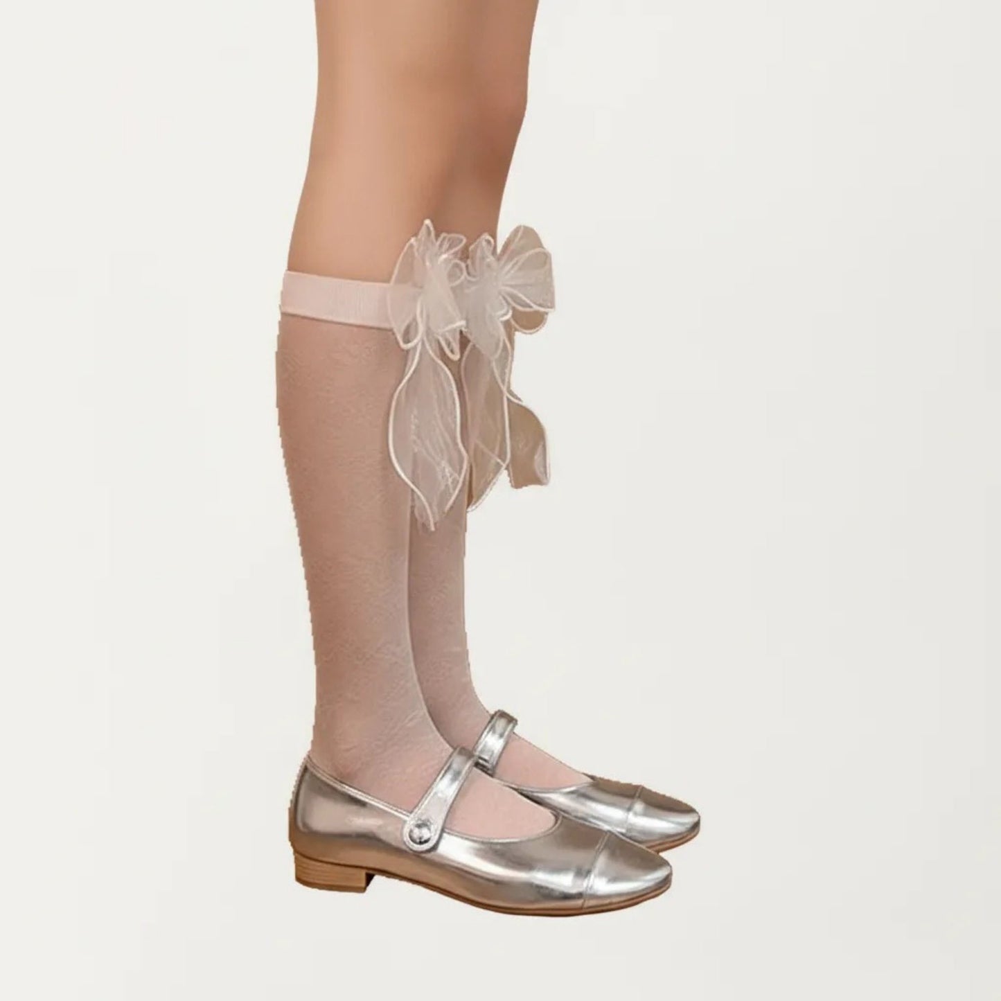 Lace Knee High Bow Socks with Sheer Floral Pattern and Ribbon Detail Tall Dress Hosiery