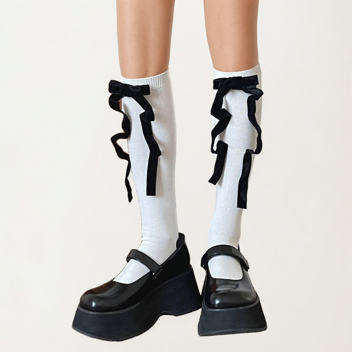 Knee High Bow Ribbon Socks with Ruffle Trim, Soft Stretch Tall Dress Socks
