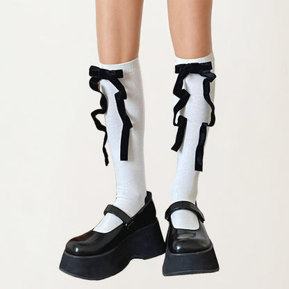 Knee High Bow Ribbon Socks with Ruffle Trim, Soft Stretch Tall Dress Socks