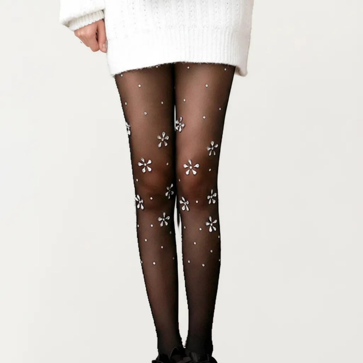 Sheer Floral Rhinestone Tights, Stretch Fit Lightweight Sparkle Flower Pantyhose Stockings