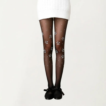 Sheer Floral Rhinestone Tights, Stretch Fit Lightweight Sparkle Flower Pantyhose Stockings