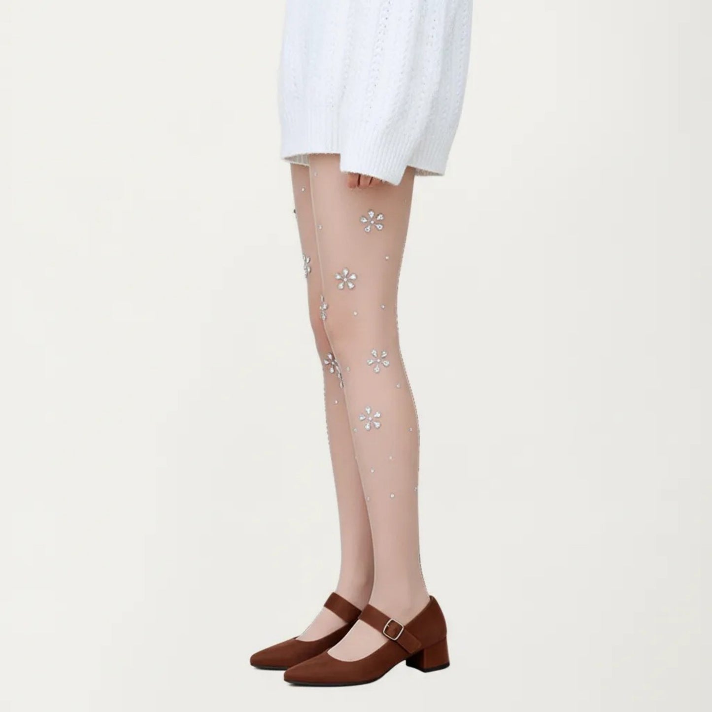 Sheer Floral Rhinestone Tights, Stretch Fit Lightweight Sparkle Flower Pantyhose Stockings