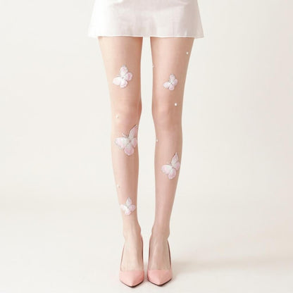 Sheer Butterfly Applique Tights, Stretch Fit Lightweight Embellished Pantyhose Stockings