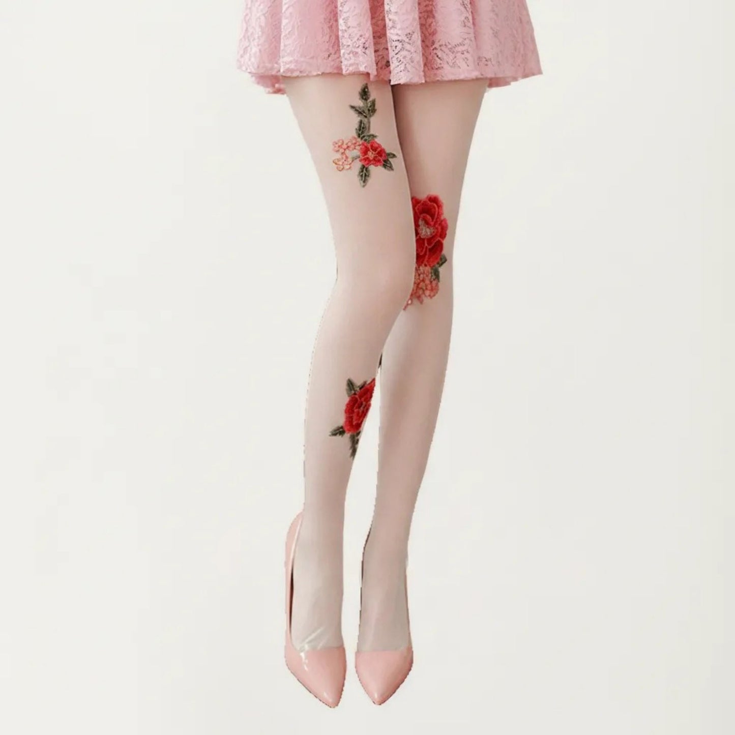 Sheer Floral Embroidered Tights with Rose Applique Detail, Stretch Lightweight Pantyhose