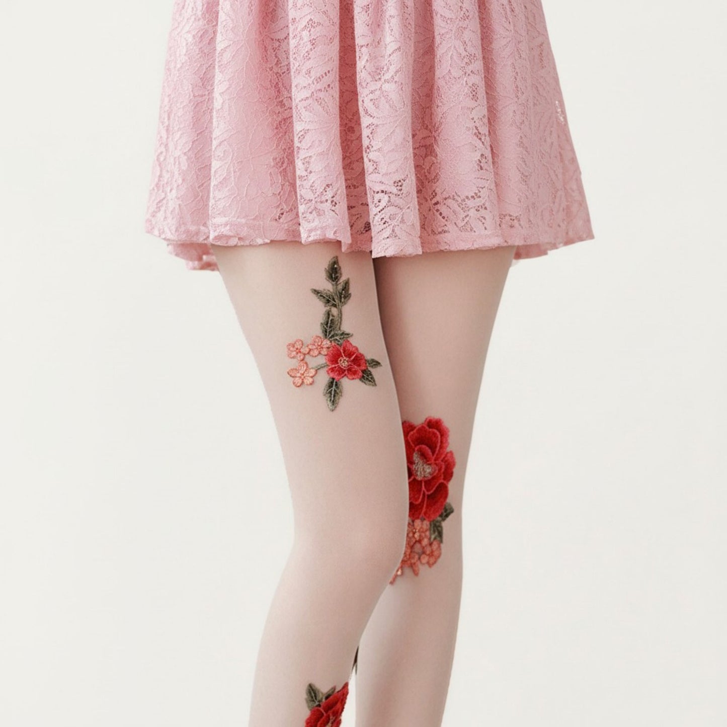 Sheer Floral Embroidered Tights with Rose Applique Detail, Stretch Lightweight Pantyhose