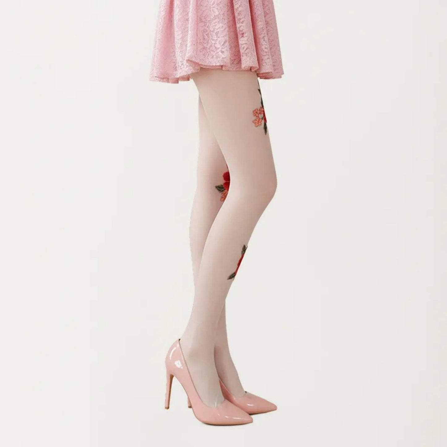 Sheer Floral Embroidered Tights with Rose Applique Detail, Stretch Lightweight Pantyhose