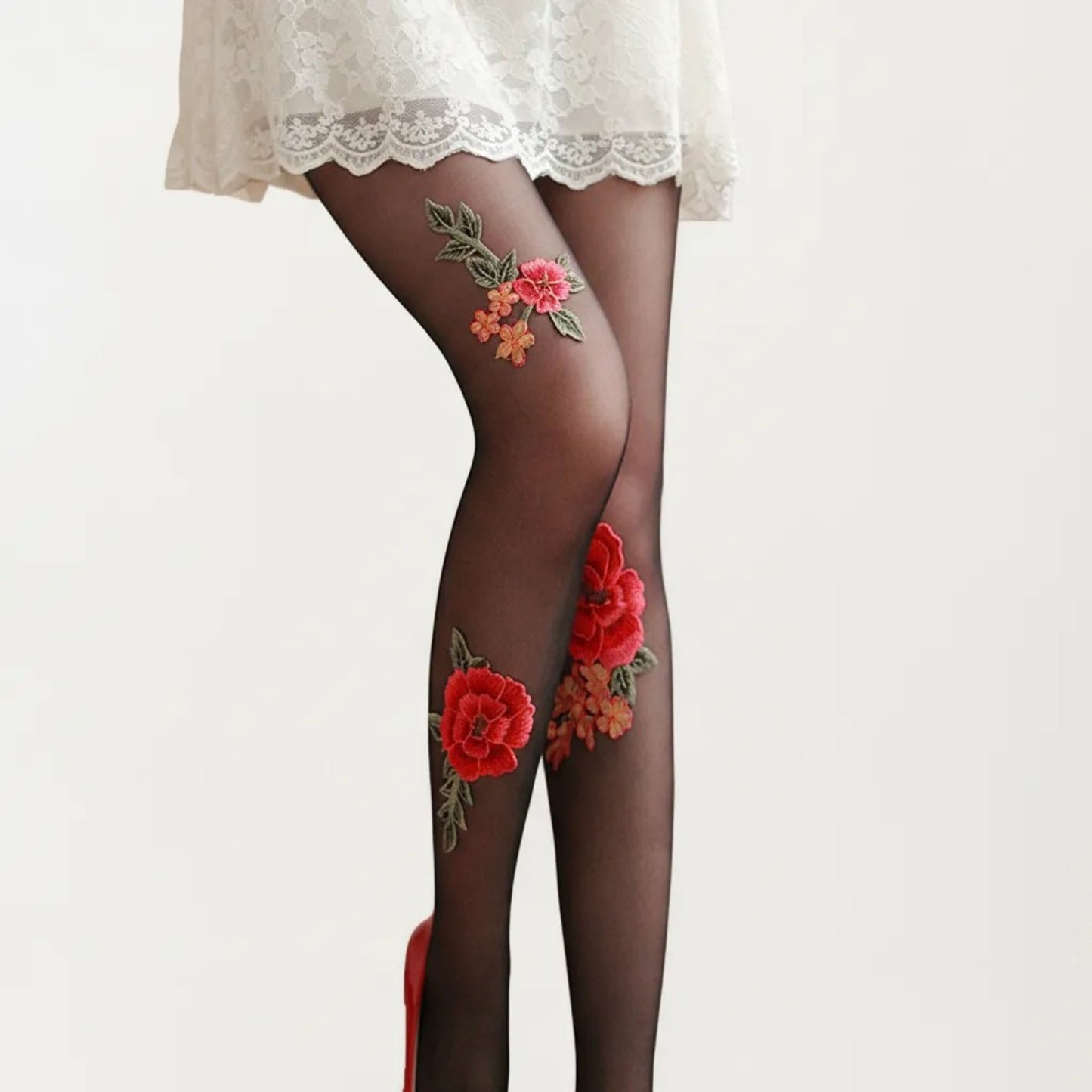 Sheer Floral Embroidered Tights with Rose Applique Detail, Stretch Lightweight Pantyhose