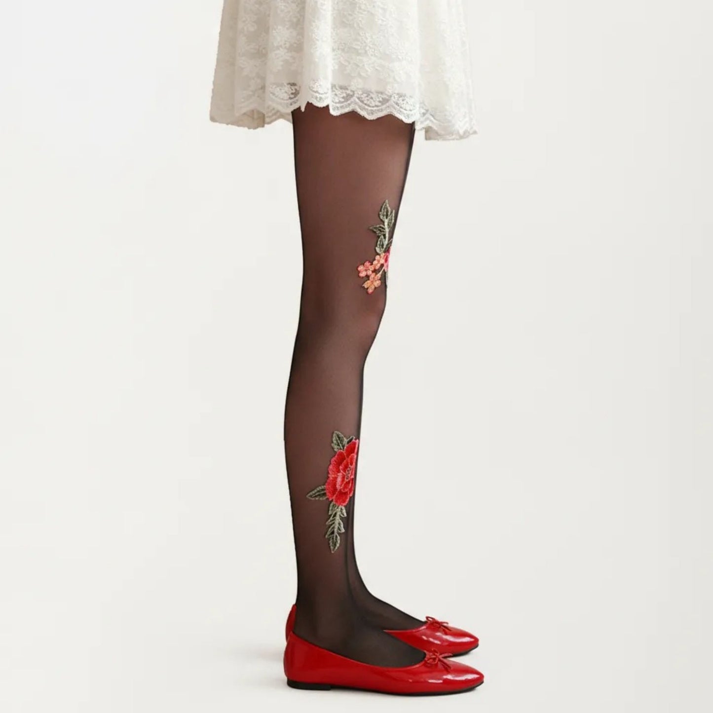 Sheer Floral Embroidered Tights with Rose Applique Detail, Stretch Lightweight Pantyhose